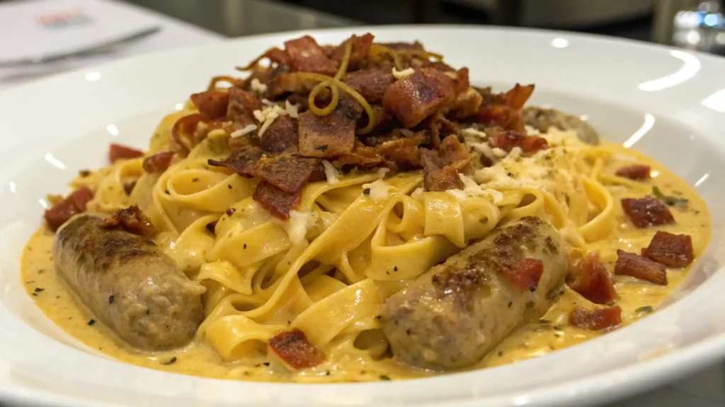 A rich pasta dish with fettuccine, sausage, and bacon bits, served in a white bowl and garnished with cheese.