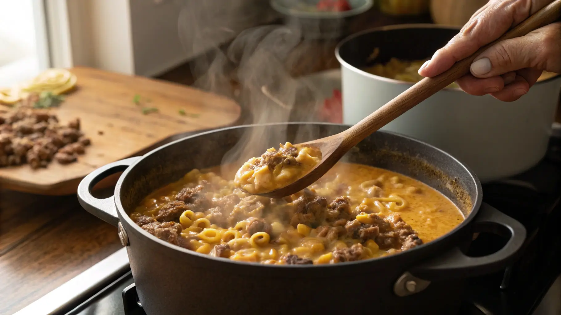 A bowl of cheeseburger mac soup topped with shredded cheese and parsley, served on a rustic wooden table.