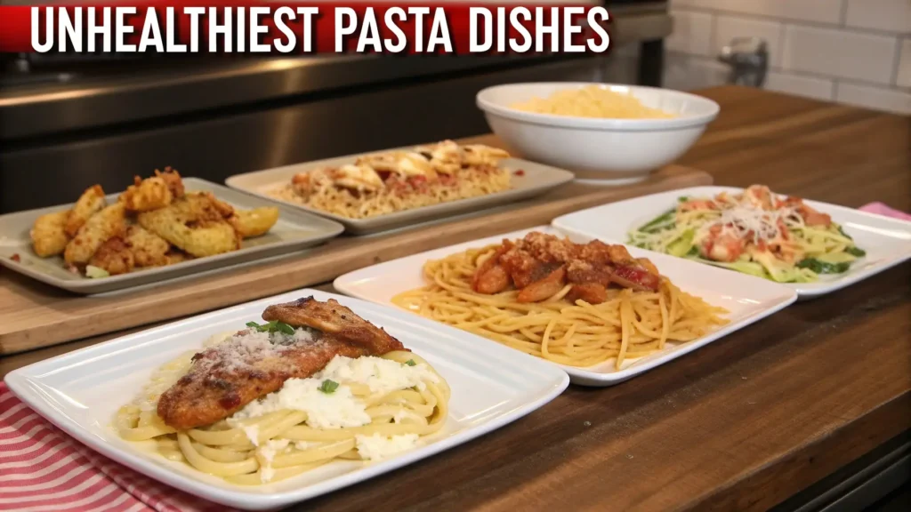 A selection of pasta dishes displayed on plates, labeled as 'Unhealthiest Pasta Dishes,' including creamy and tomato-based options.