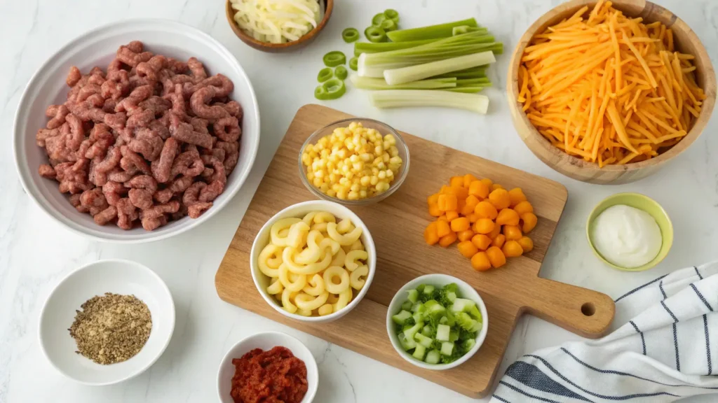 Ingredients for cheeseburger mac soup neatly arranged, including ground beef, macaroni, cheese, vegetables, and spices.