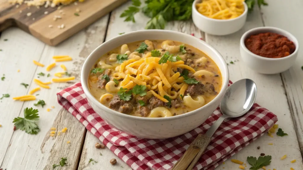 A bowl of cheeseburger mac soup served with crusty bread and a side salad on a bright kitchen counter.