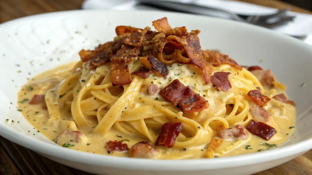 A creamy pasta dish topped with crispy bacon pieces served on a white plate, garnished with herbs.