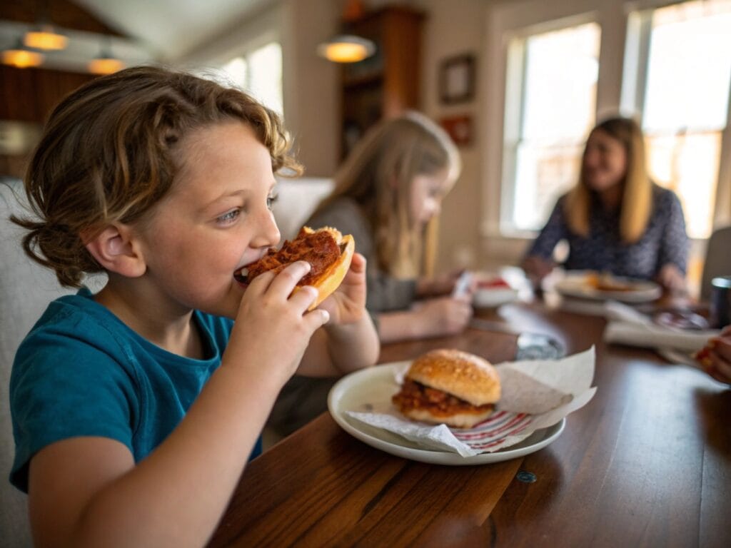 A child eating a sloppy joe, playfully messy, with a plate of sloppy jane in the background.