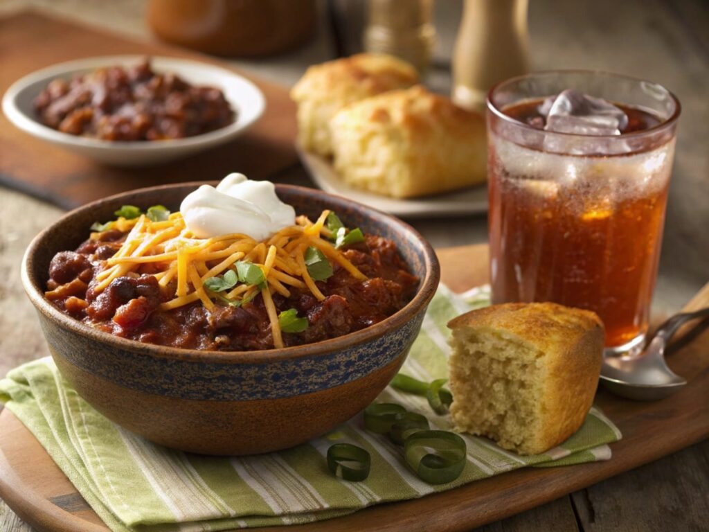 Bear Creek Chili Mix served with toppings and cornbread on a rustic dining table.