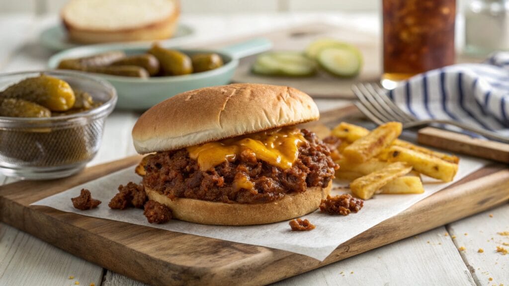 Cheesy Sloppy Joe sandwich with melted cheddar cheese and crispy fries