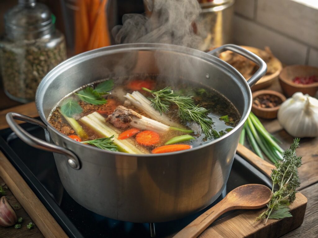 with roasted soup bones, vegetables, and herbs simmering on a stovetop.