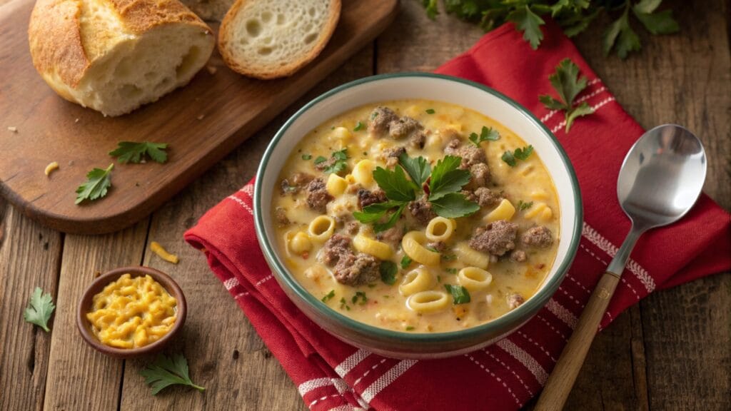 A close-up of a bowl of one pot macaroni cheeseburger soup, garnished with cheese, bacon, and parsley, served with a spoon on a white ceramic bowl.