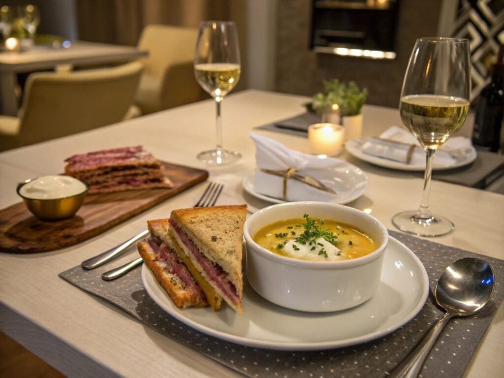 Potato soup and Reuben sandwich with elegant table setting