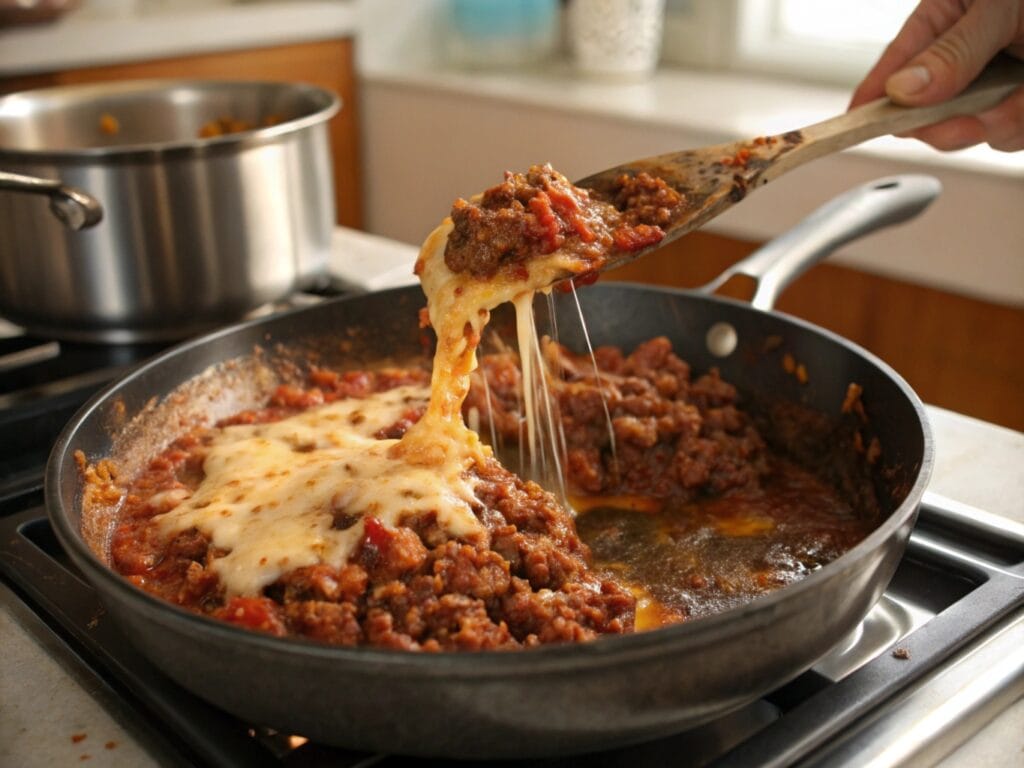 Sizzling ground beef with melted cheese for Sloppy Joes filling