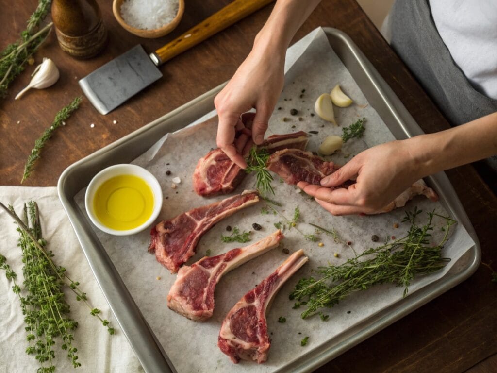 Hands arranging raw beef bones with herbs and garlic on a baking sheet.