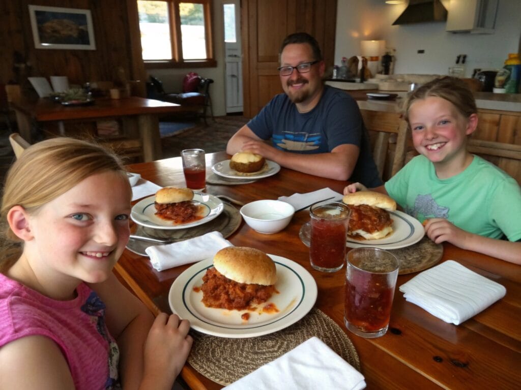 A family enjoying dinner with two dishes: homemade sloppy joes and Manwich-based sandwiches, served with iced tea on a rustic table.