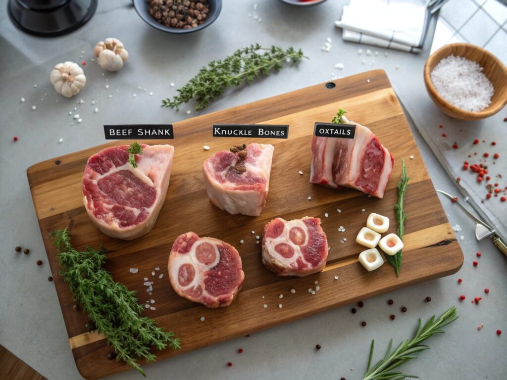 Various cuts of soup bones, including beef shanks, oxtails, and knuckles, labeled on a butcher's board.