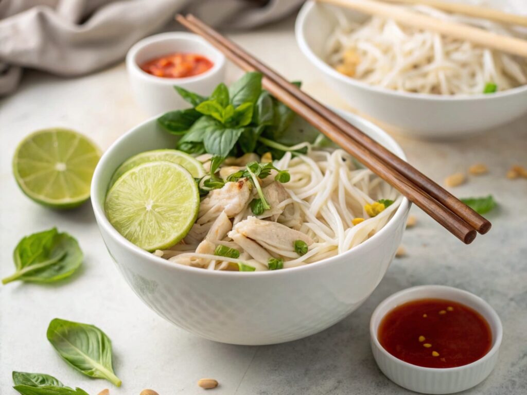 Chicken Vietnamese pho with rice noodles, chicken, fresh herbs, lime, and chili sauce served in a bowl with chopsticks.