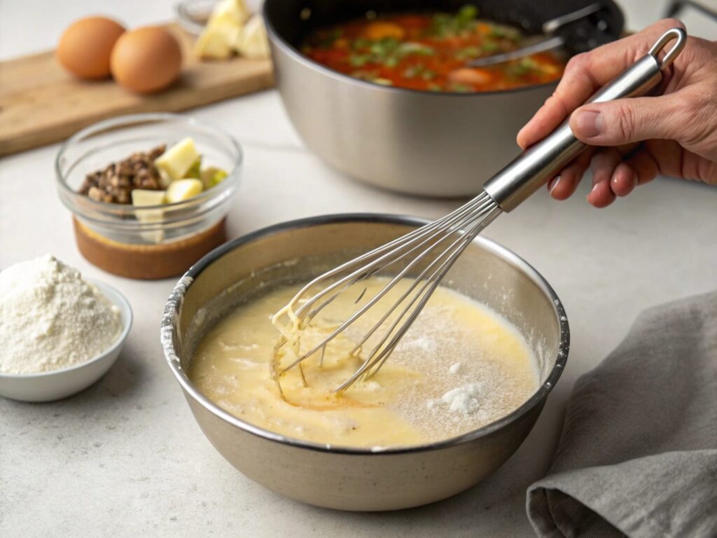 A hand whisking a roux in a saucepan, with Bear Creek potato soup simmering in the background.