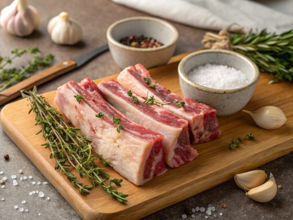 Raw beef soup bones on a wooden cutting board with fresh thyme, garlic, and sea salt.