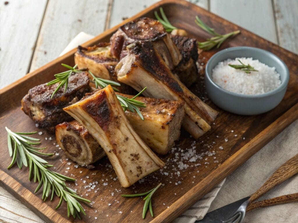 Roasted beef marrow and knuckle bones on a baking sheet with rosemary.