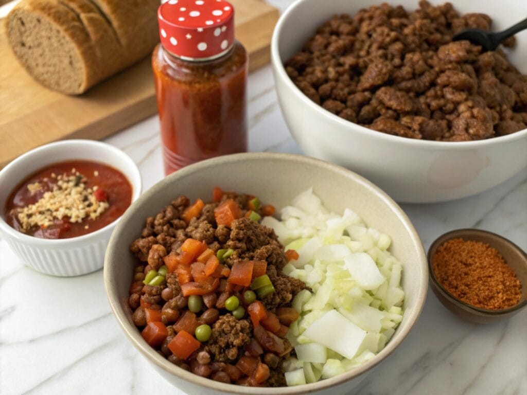 Two bowls showcasing Sloppy Joe ingredients (ground beef and onions) and Sloppy Jane ingredients (lentils, mushrooms, and vegetables).