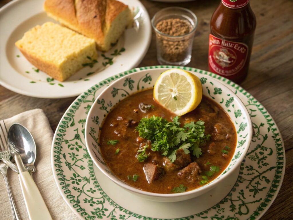 A bowl of Bear Creek gumbo garnished with parsley and lemon, served with cornbread and hot sauce on a rustic dining table.