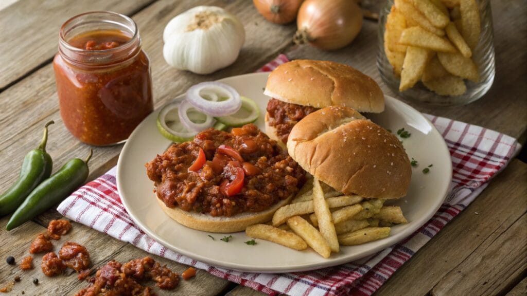 Close-up view of sloppy joes on a plate, featuring tangy tomato sauce and a rustic setup with fries and a drink. Close-up view of sloppy joes on a plate, featuring tangy tomato sauce and a rustic setup with fries and a drink.