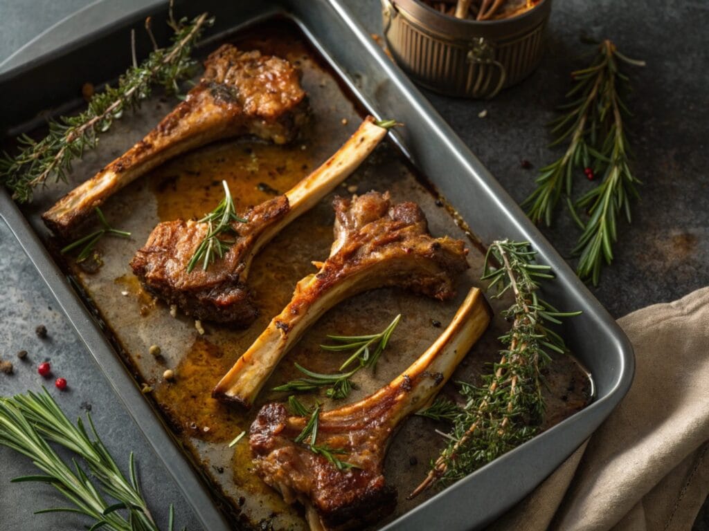 Roasted beef soup bones with herbs on a baking sheet, ready for making broth.