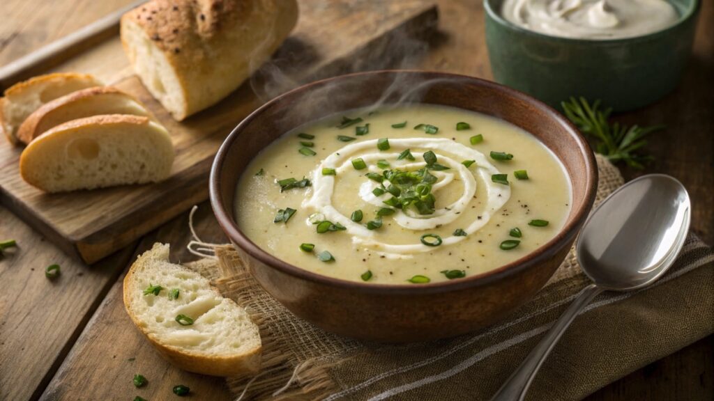 Creamy potato soup garnished with chives and cream swirl in a rustic bowl.