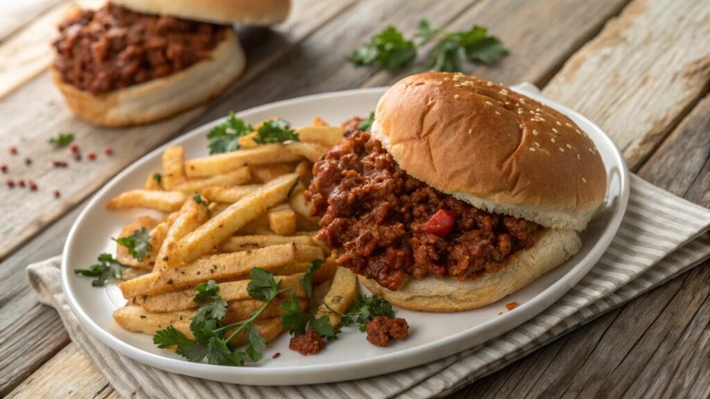 A plate featuring a Sloppy Joe with beef filling and a Sloppy Jane with lentil filling, garnished with parsley and served with fries.