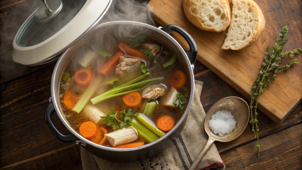 pot of soup with soup bones, vegetables, and herbs on a rustic kitchen counter.