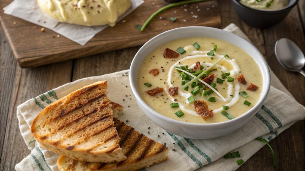 Bowl of creamy potato soup with grilled cheese sandwich