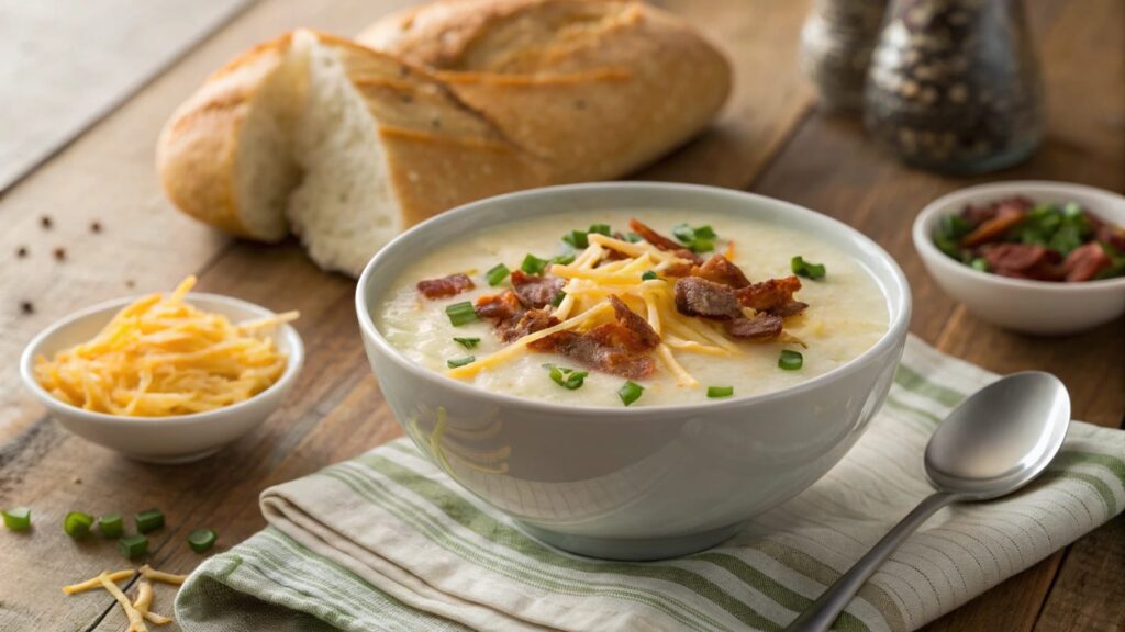 STYLE: Close-up shot, wide angle | EMOTION: Elegant and festive | SCENE: Potato soup served in an edible bread bowl, garnished with parsley and shredded cheese, placed on a festive table setting with a linen napkin, a small salad bowl, and a glass of white wine in the background. Candles and holiday decor frame the shot | TAGS: High-end food photography, elegant composition, cozy, festive, soup, bread bowl | CAMERA: Canon EOS R5 | FOCAL LENGTH: Natural warm light, creating a soft ambiance | PRODUCTION: Food stylist | TIME: Evening | LOCATION TYPE: Formal dining table with holiday decor | --ar 3:2