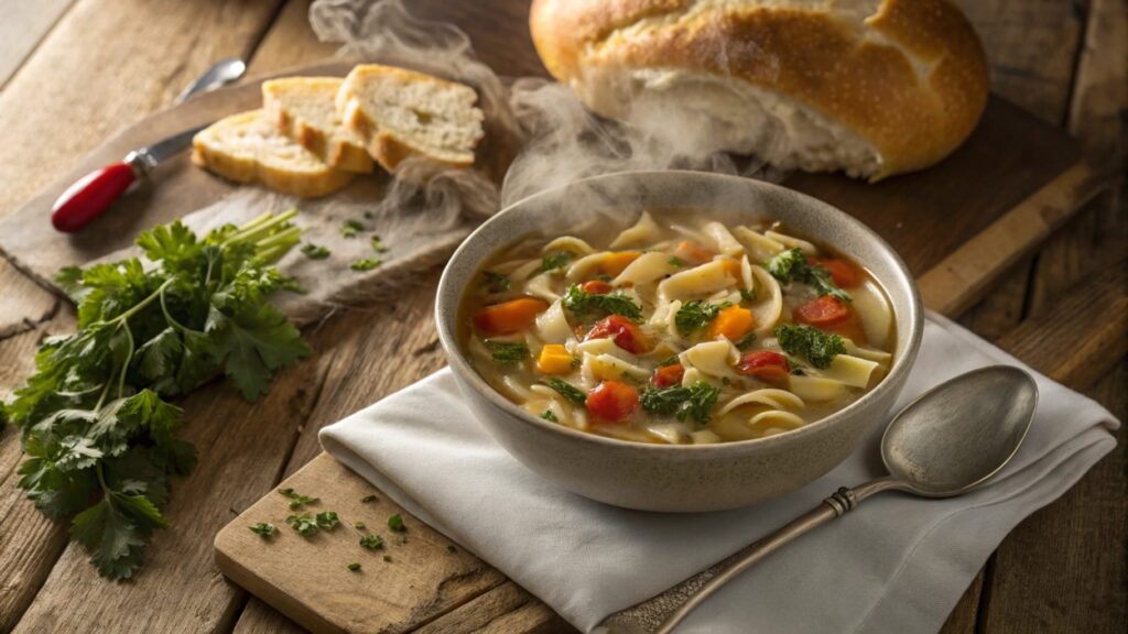 A steaming bowl of Bear Creek Chicken Noodle Soup with egg noodles and vegetables, styled on a rustic wooden table.