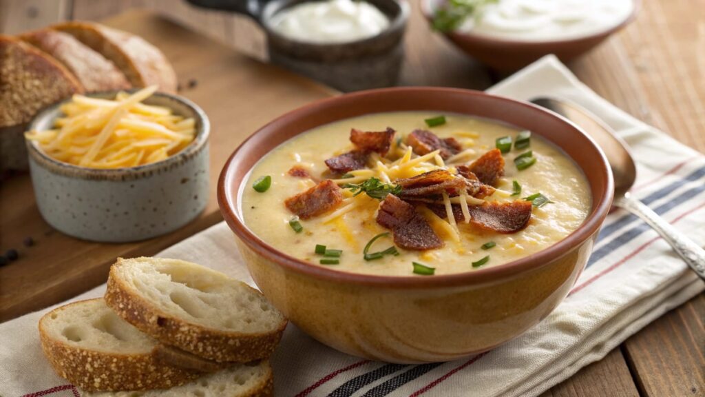 A steaming bowl of thick Bear Creek potato soup garnished with bacon, cheese, and chives.