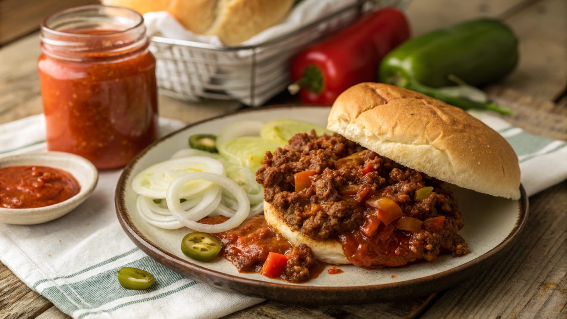 A close-up view of a classic sloppy joe sandwich on a plate, surrounded by fresh ingredients like onions, peppers, and tomato sauce.