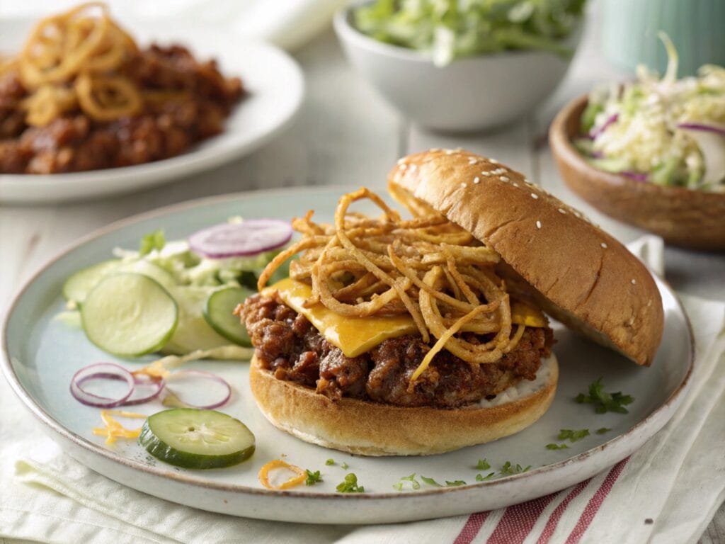 A Sloppy Joe sandwich topped with crispy onion strings, pickles, and melted cheese, served with a salad and coleslaw.