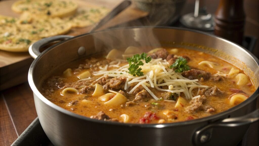 A close-up view of cheeseburger pasta soup simmering in a pot, with creamy broth, pasta shells, and ground beef, garnished with cheese.