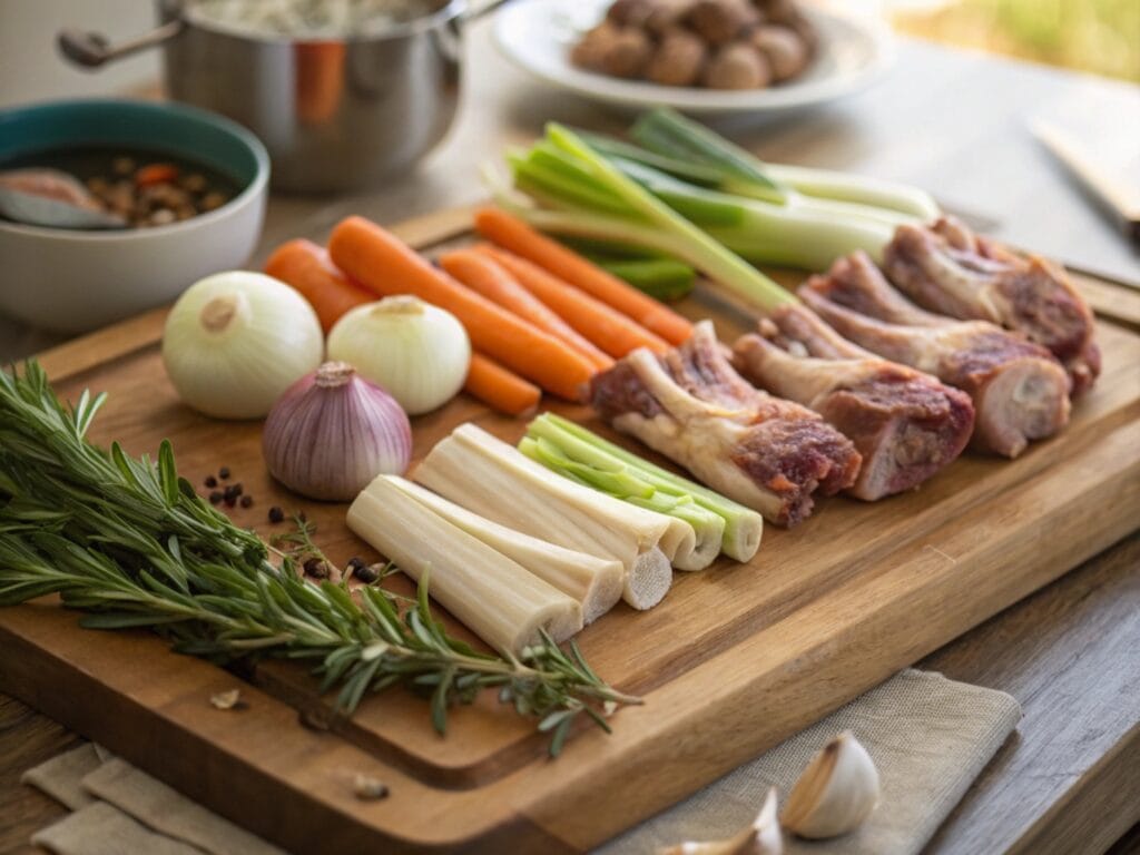 Assorted soup bones with vegetables and herbs on a wooden cutting board.