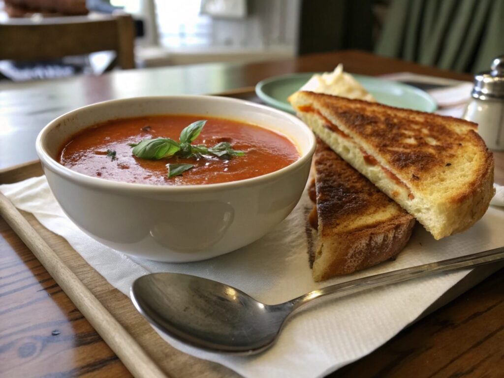 Crispy grilled cheese sandwich served with rich tomato soup garnished with basil leaves.