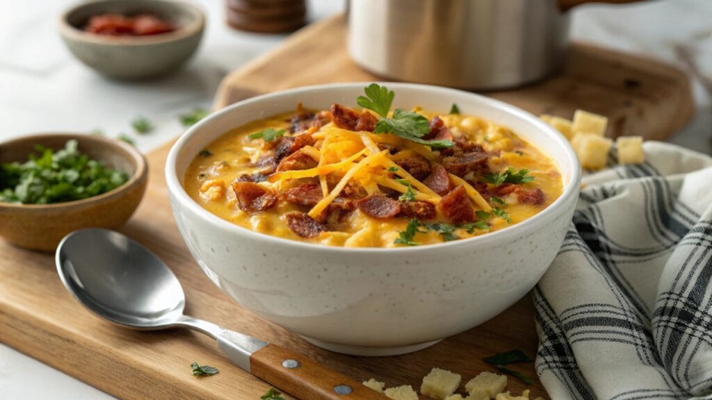 A bowl of creamy one pot macaroni cheeseburger soup garnished with parsley, surrounded by bread and a spoon on a rustic wooden table.