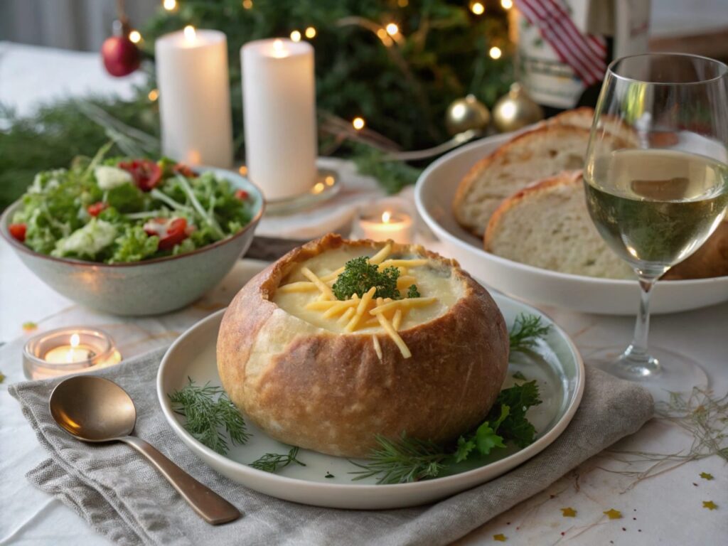 Potato soup served in a bread bowl on a festive table with salad and wine.