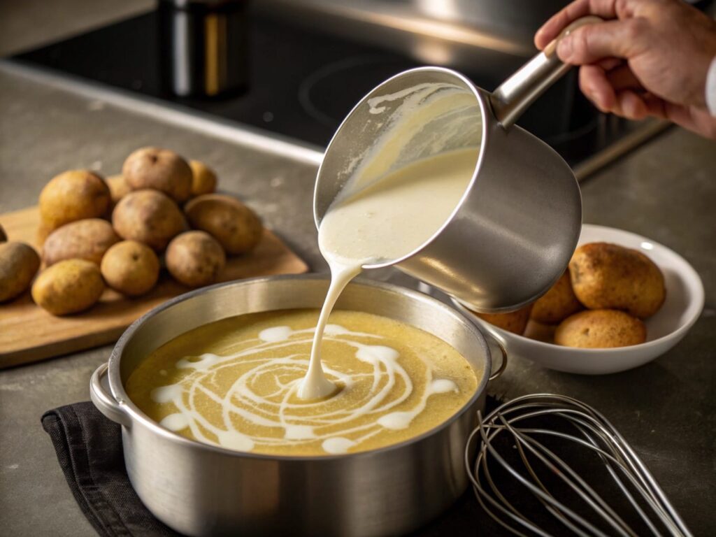 Heavy cream being poured into a pot of potato soup, creating rich swirls.