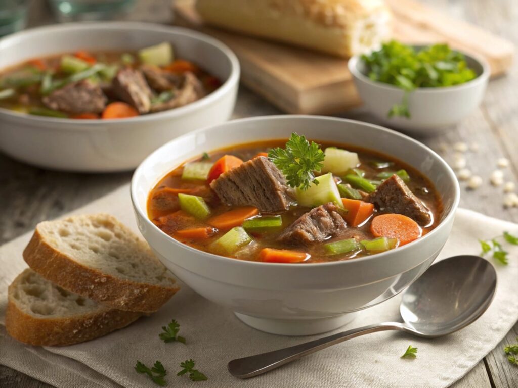 Bowl of beef and vegetable soup with tender meat chunks and fresh vegetables in a steaming broth.