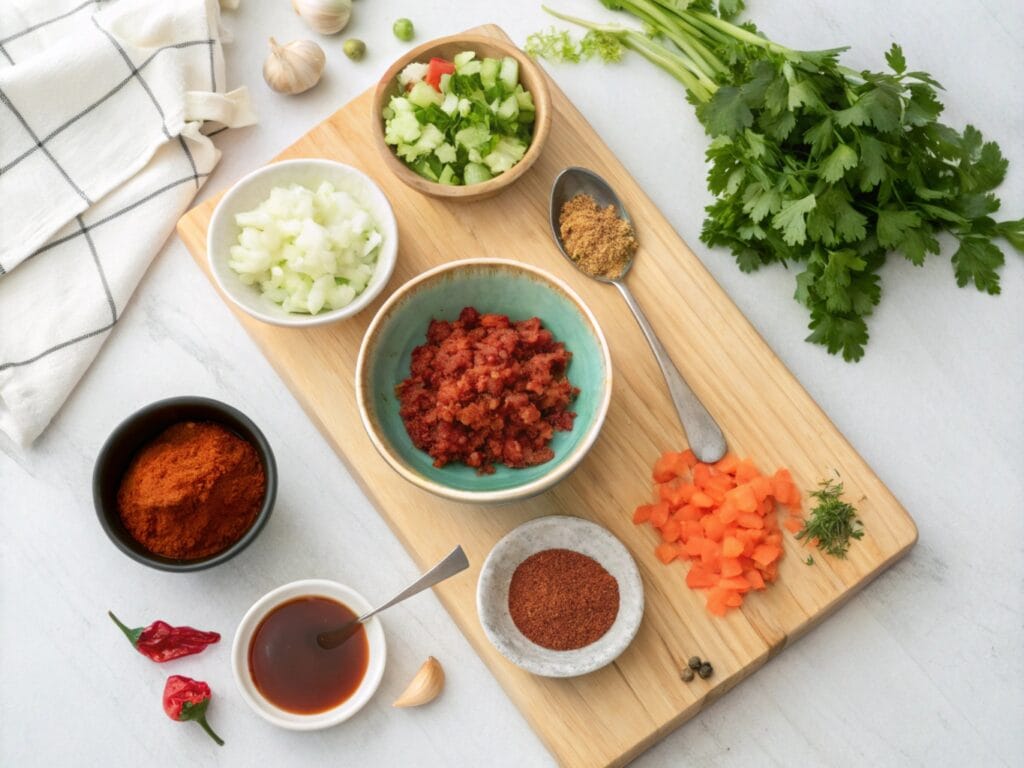 Ingredients for enhancing Sloppy Joes, including chili powder, garlic powder, Worcestershire sauce, and fresh chopped vegetables.