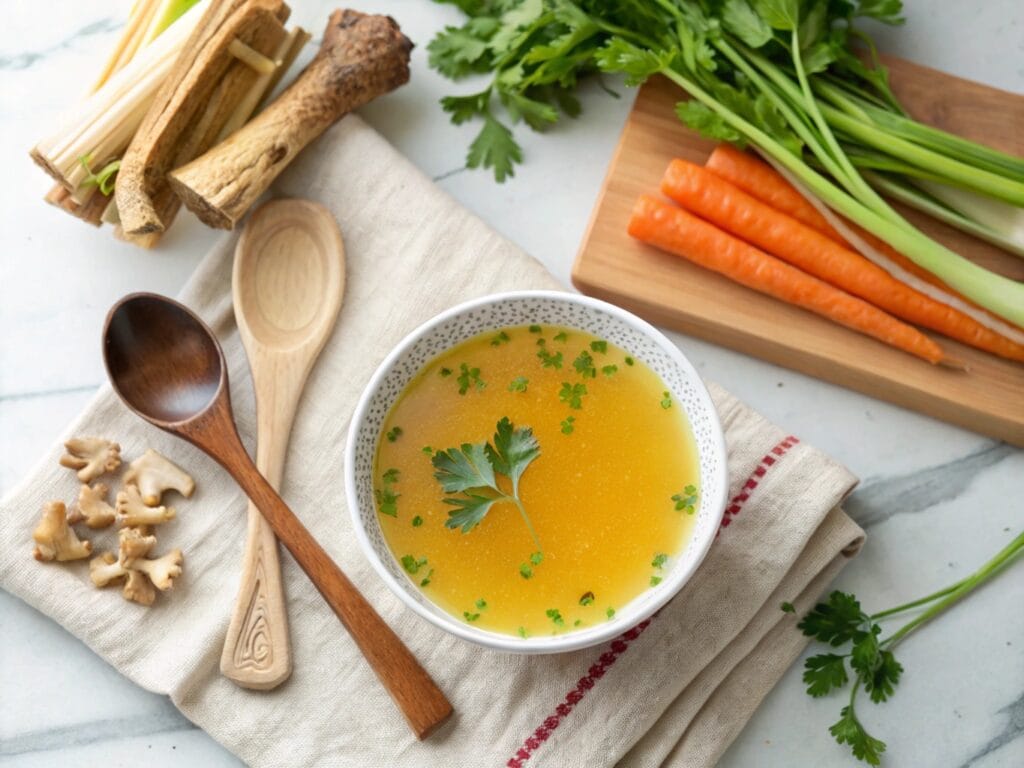 Bowl of golden bone broth garnished with parsley, surrounded by raw soup bones and vegetables.