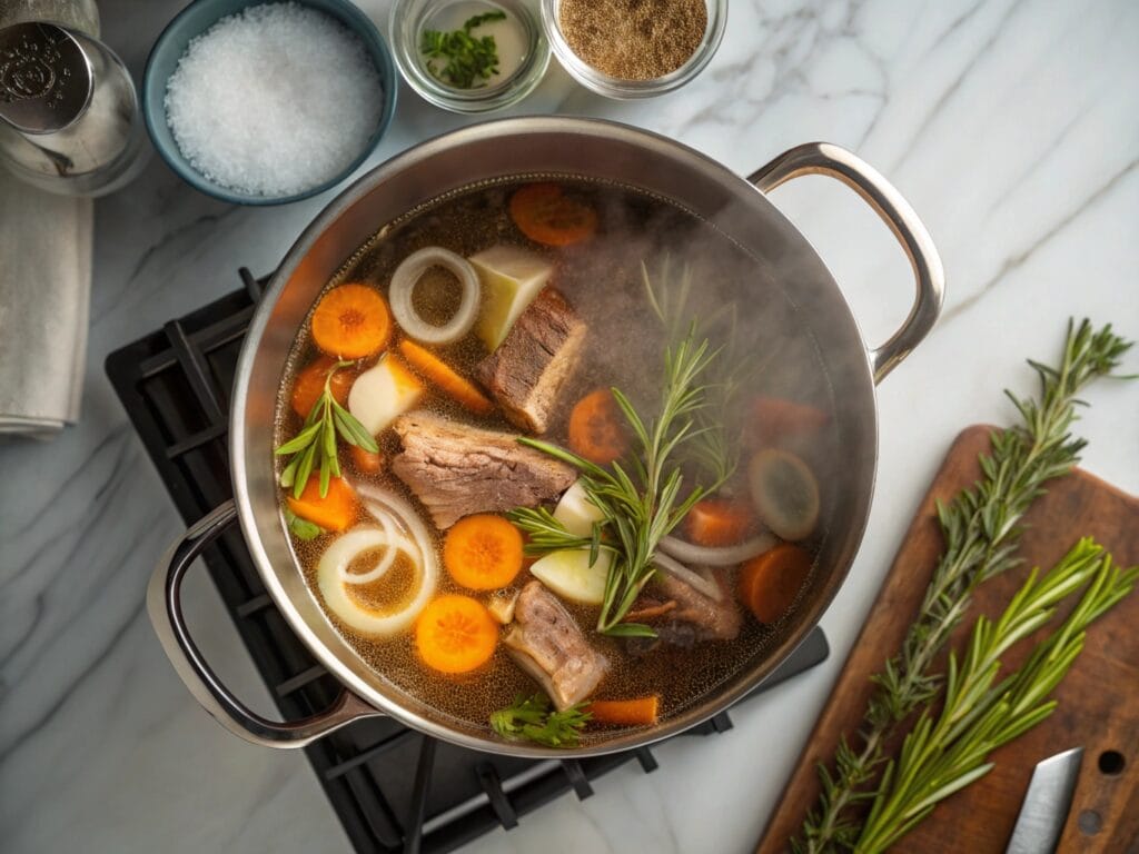 Simmering pot of bone broth with soup bones, vegetables, and fresh herbs on a stove.