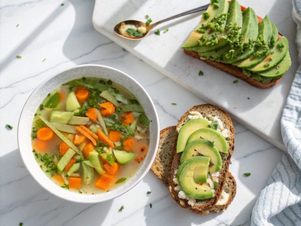 Clear vegetable soup with colorful vegetables and an open-faced sandwich topped with avocado and cucumber.