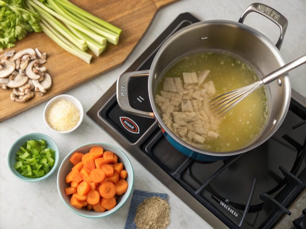 Preparing Bear Creek Soup with soup mix and fresh ingredients on a stovetop.