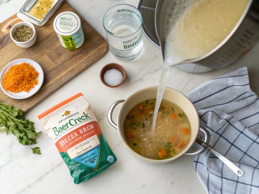 Step-by-step setup for preparing Bear Creek soup, showing boiling water, soup mix, and utensils.