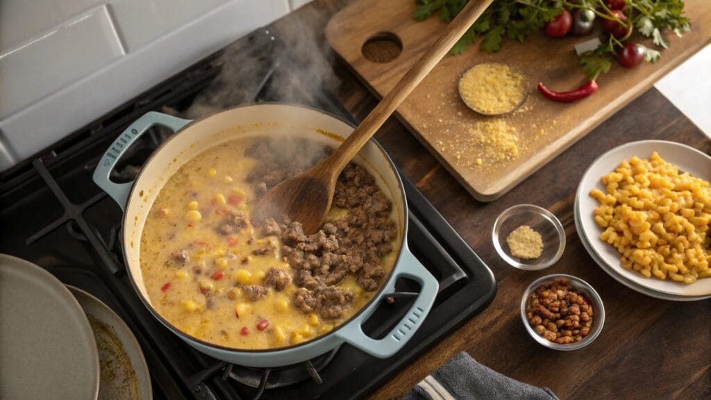 A pot of one pot macaroni cheeseburger soup cooking on the stove, with ground beef and macaroni in a creamy sauce being stirred with a wooden spoon.