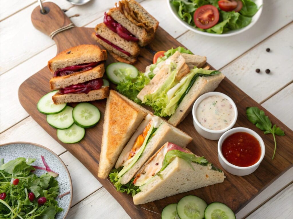 Assorted sandwiches with fresh greens and condiments