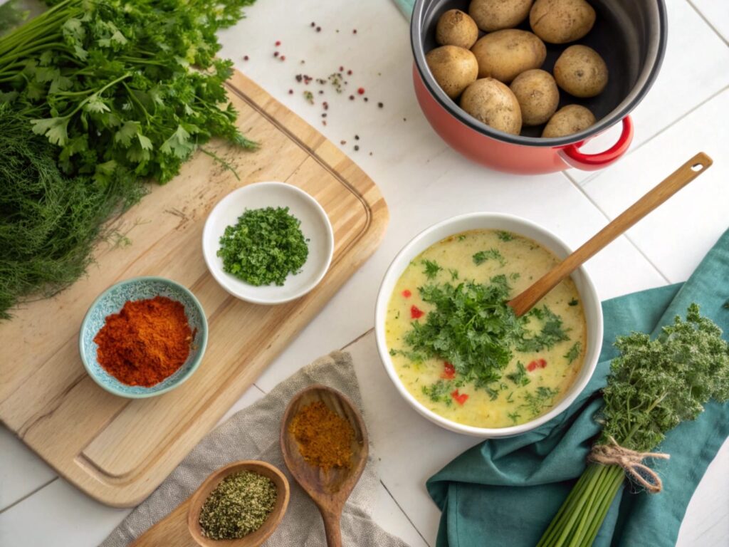 Fresh herbs and spices next to a pot of potato soup being stirred.