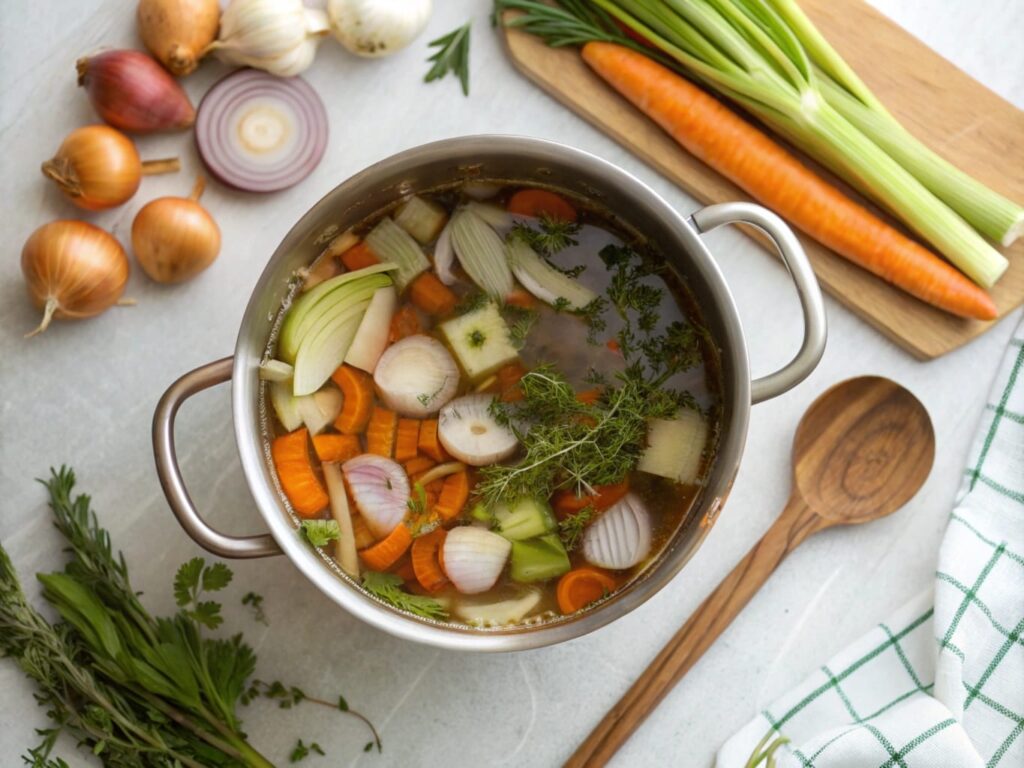 Homemade low-sodium vegetable broth simmering with carrots, onions, celery, and herbs, surrounded by fresh ingredients.